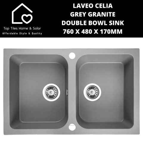 Laveo Celia Grey Granite Double Bowl Sink - 760 x 480 x 170mm
