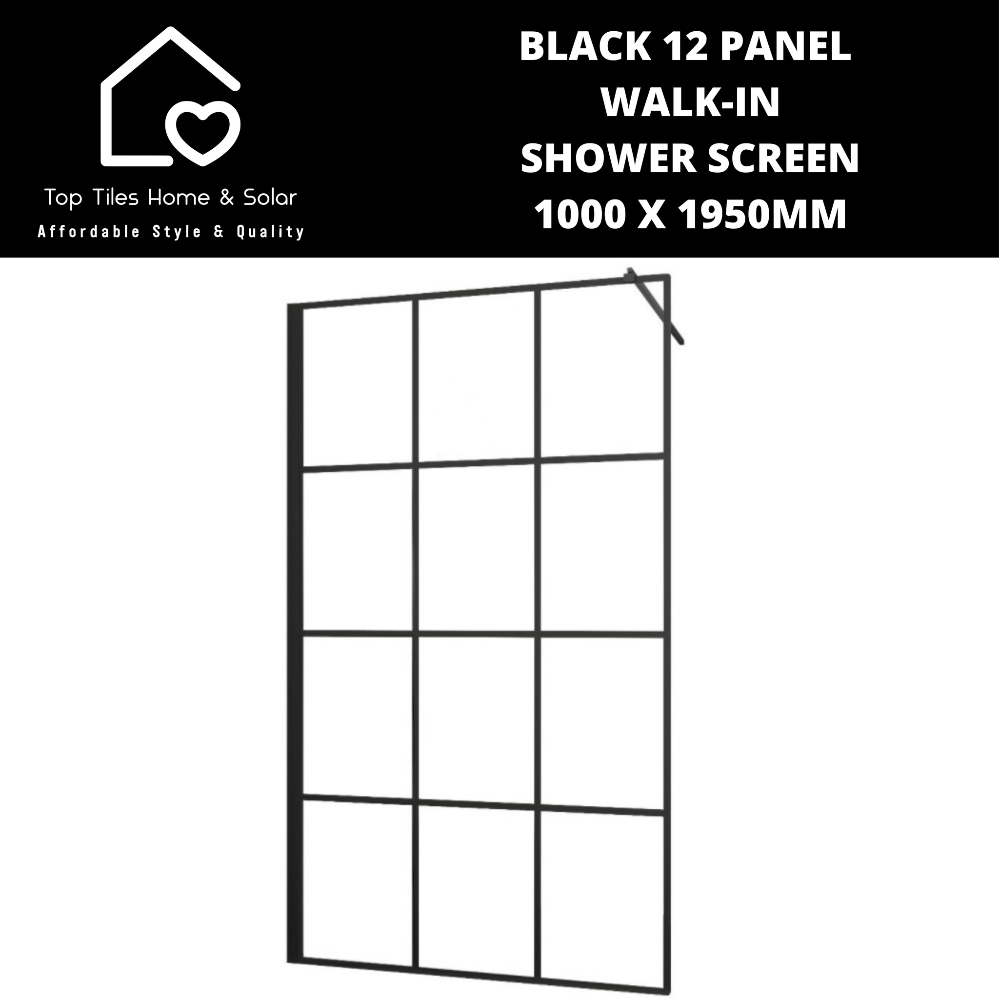 Black 12 Panel Walk-in Shower Screen - 1000 x 1950mm