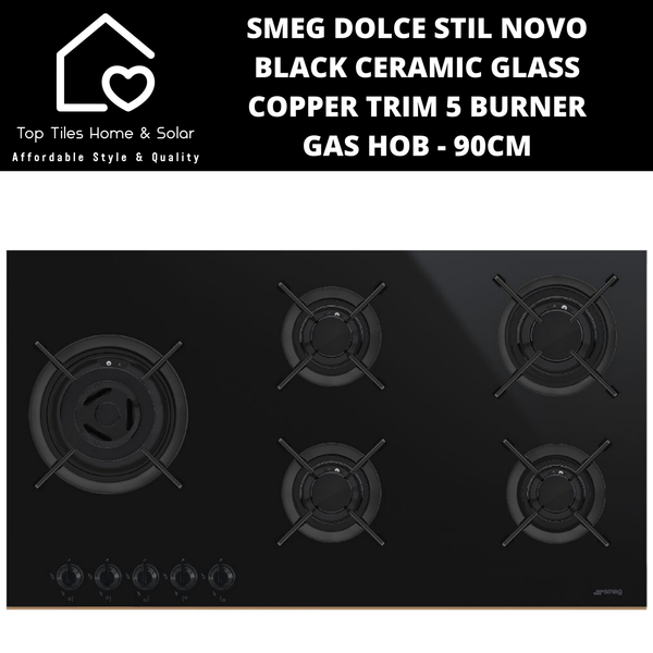 Smeg Dolce Stil Novo Black Ceramic Glass Copper Trim 5 Burner Gas Hob - 90cm