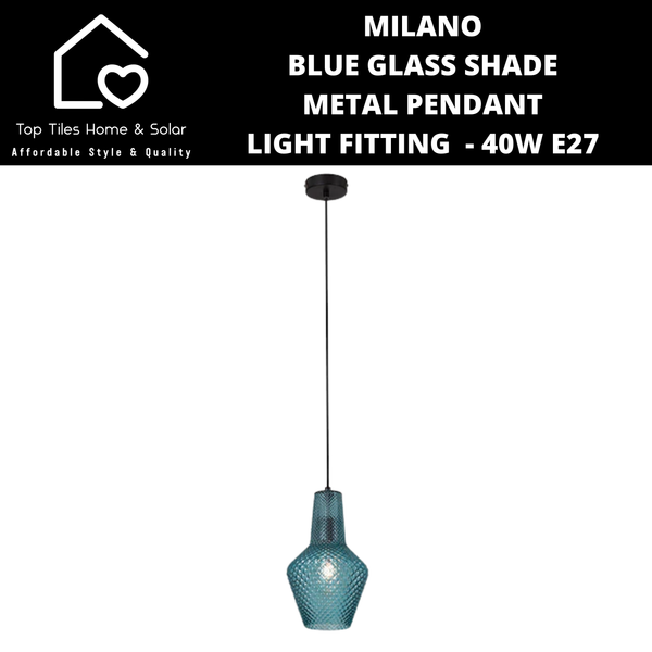 Milano Blue Glass Shade Metal Pendant Light Fitting  - 40W E27 Small