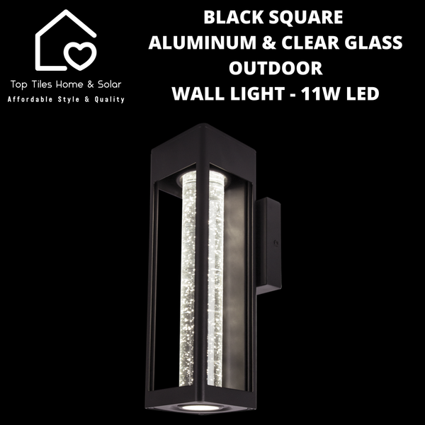 Black Square Aluminum & Clear Glass Outdoor Wall Light - 11W LED