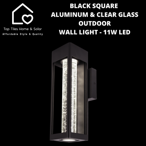 Black Square Aluminum & Clear Glass Outdoor Wall Light - 11W LED