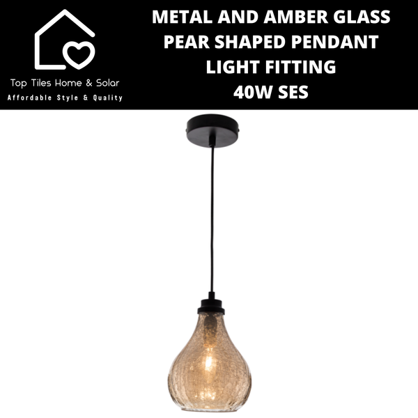 Metal and Amber Glass Pear Shaped Pendant Light Fitting - 40W SES
