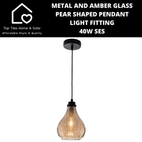 Metal and Amber Glass Pear Shaped Pendant Light Fitting - 40W SES