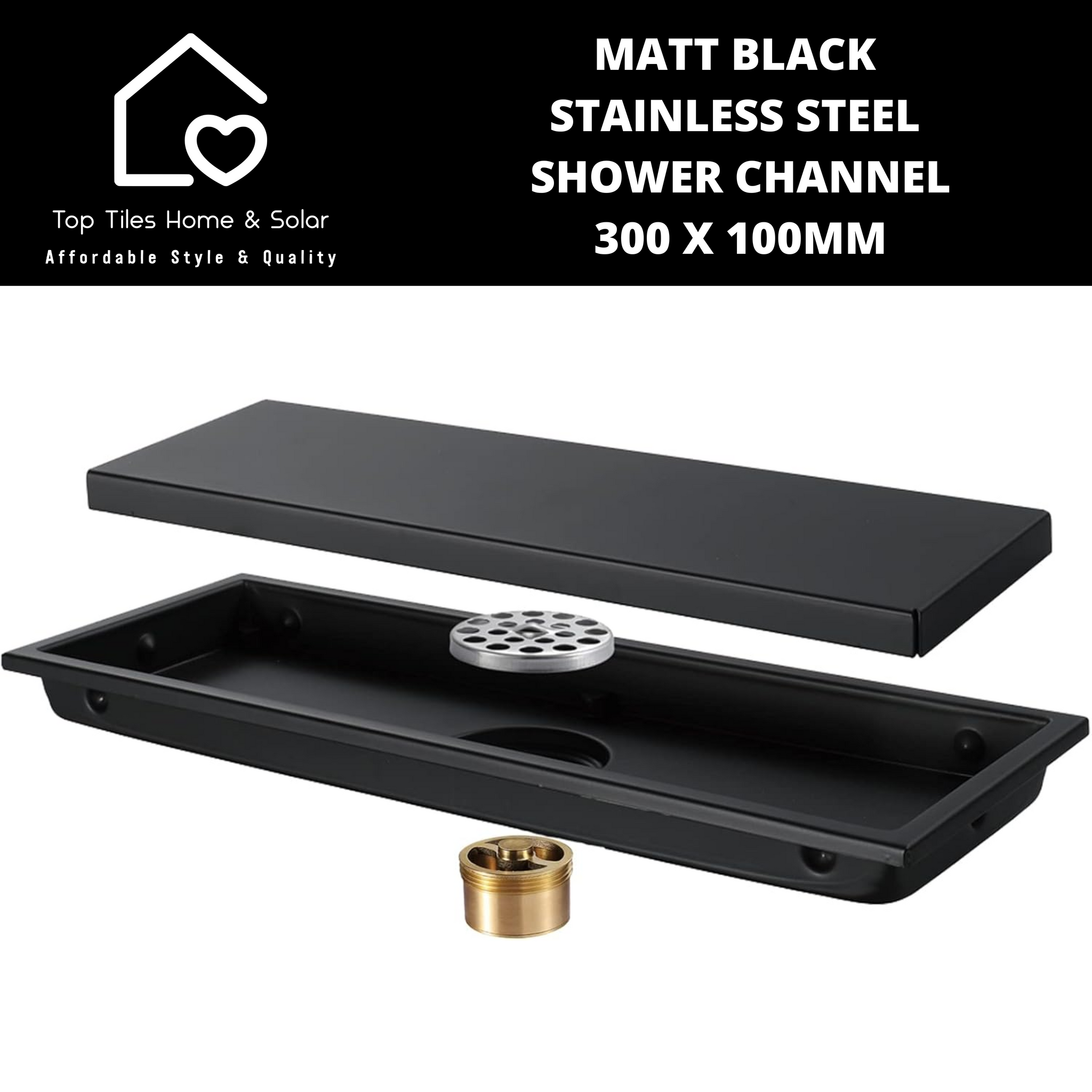 Matt Black Stainless Steel Shower Channel - 300 x 100mm
