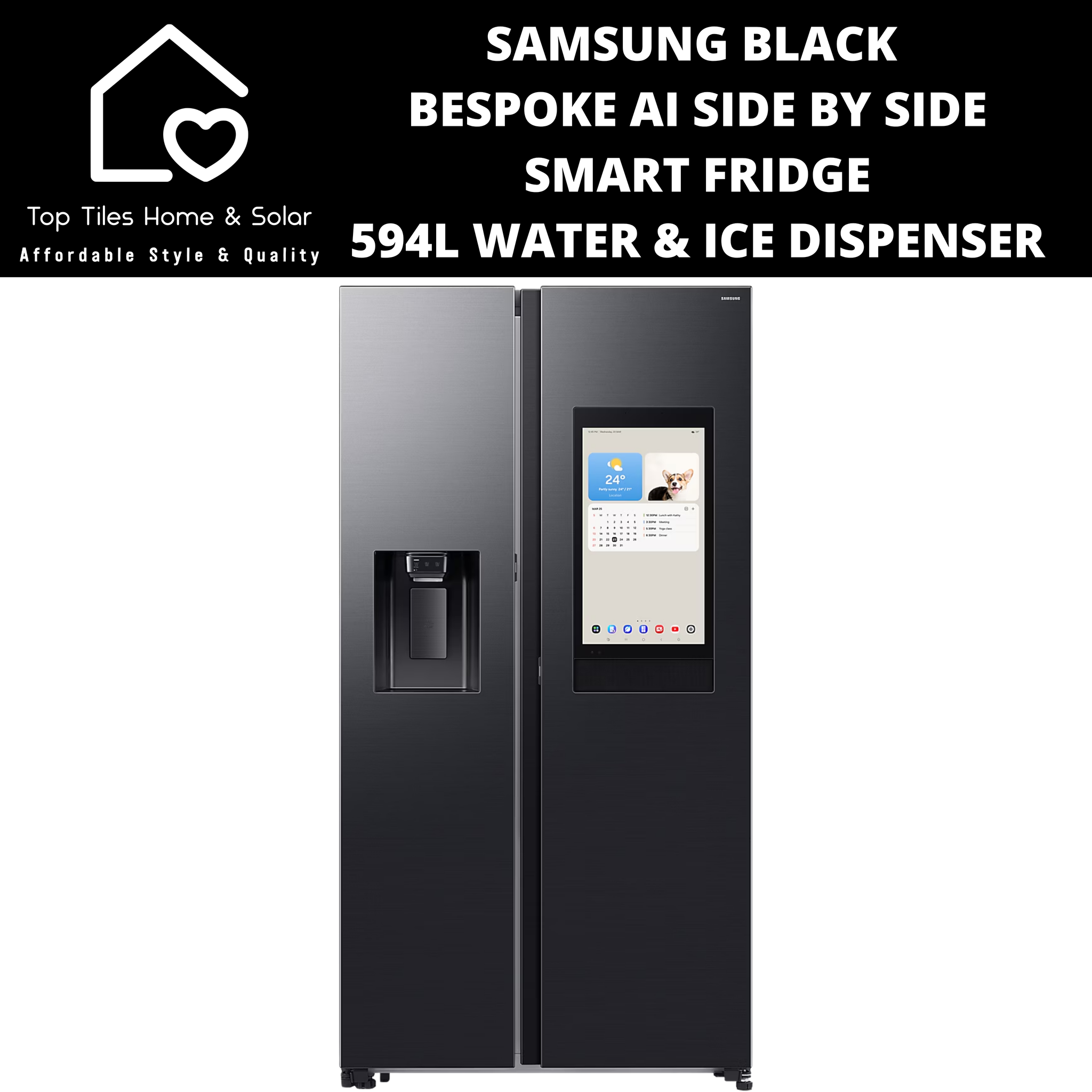 Samsung Black Bespoke AI Side by Side Smart Fridge - 594L Water & Ice Dispenser