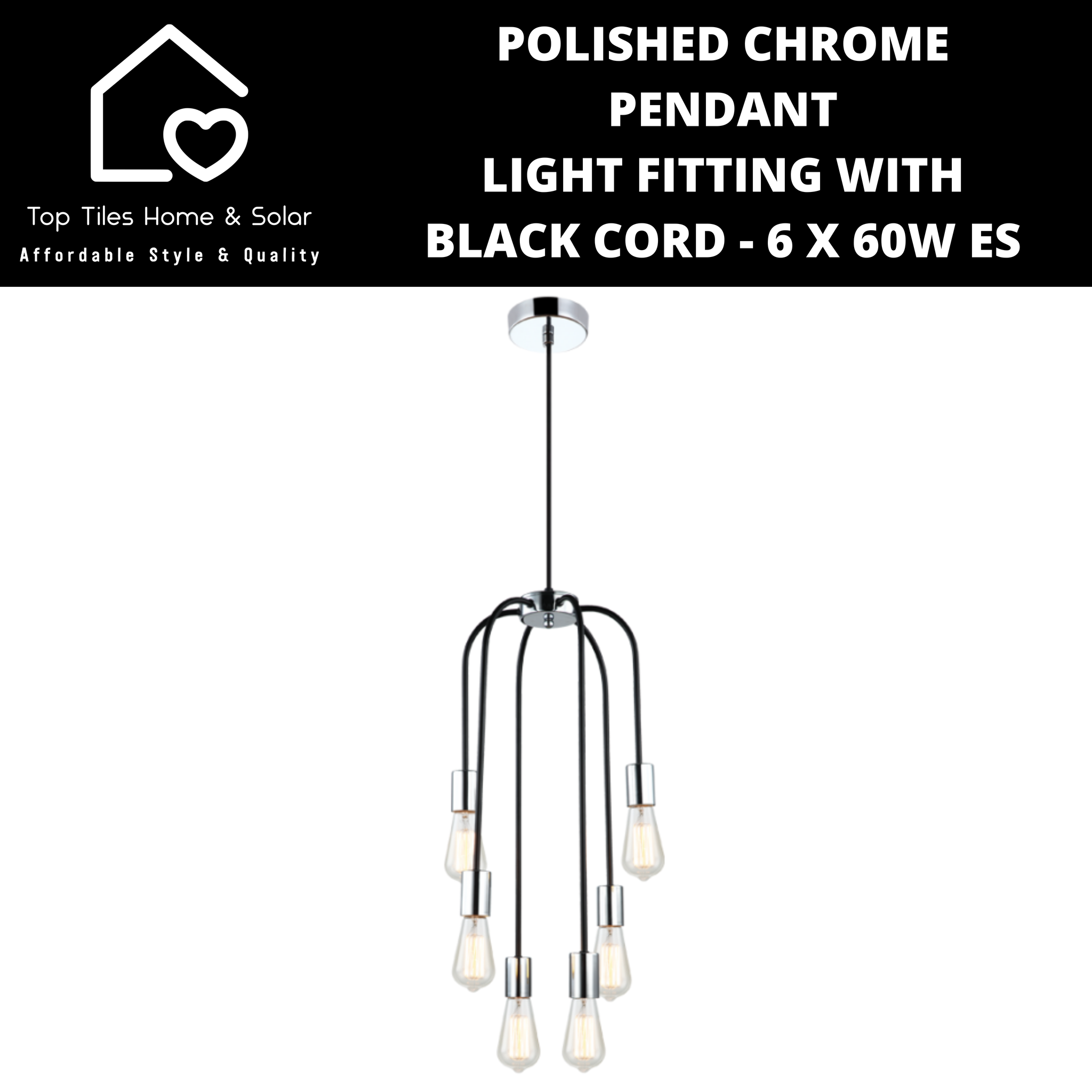 Polished Chrome Pendant Light Fitting with Black Cord - 6 x 60W ES