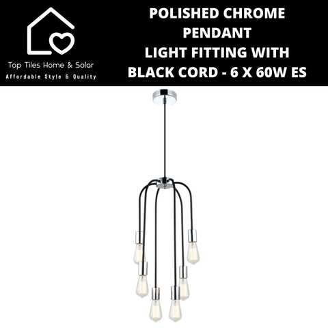 Polished Chrome Pendant Light Fitting with Black Cord - 6 x 60W ES