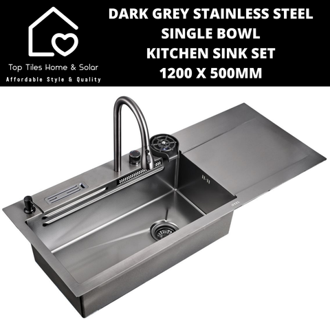 Dark Grey Stainless Steel Single Bowl Kitchen Sink Set - 1200 x 500mm