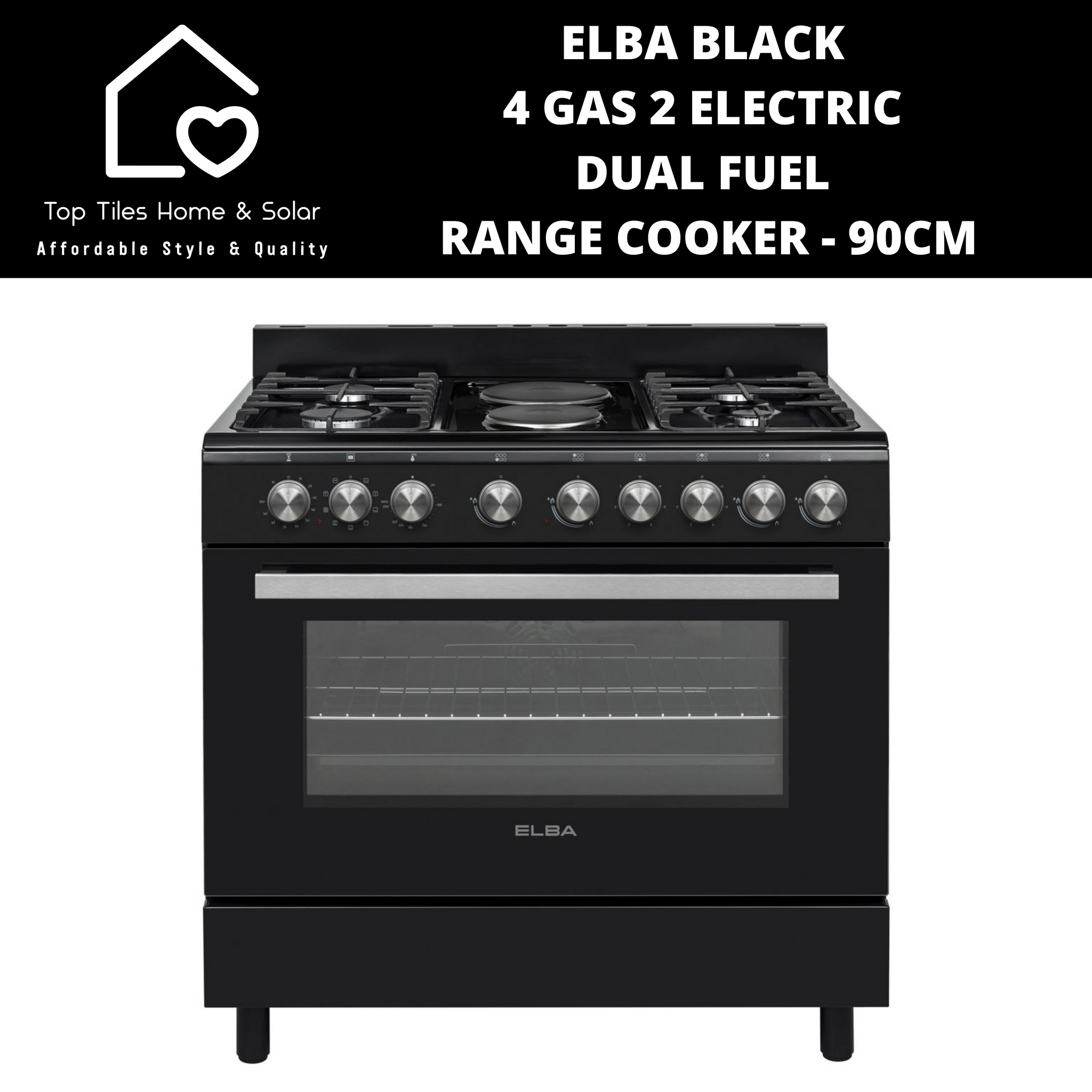 Elba Black 4 Gas 2 Electric Dual Fuel Range Cooker 90CM Top