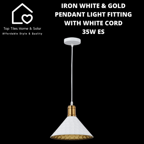 Iron White & Gold Pendant Light Fitting with White Cord - 35W ES