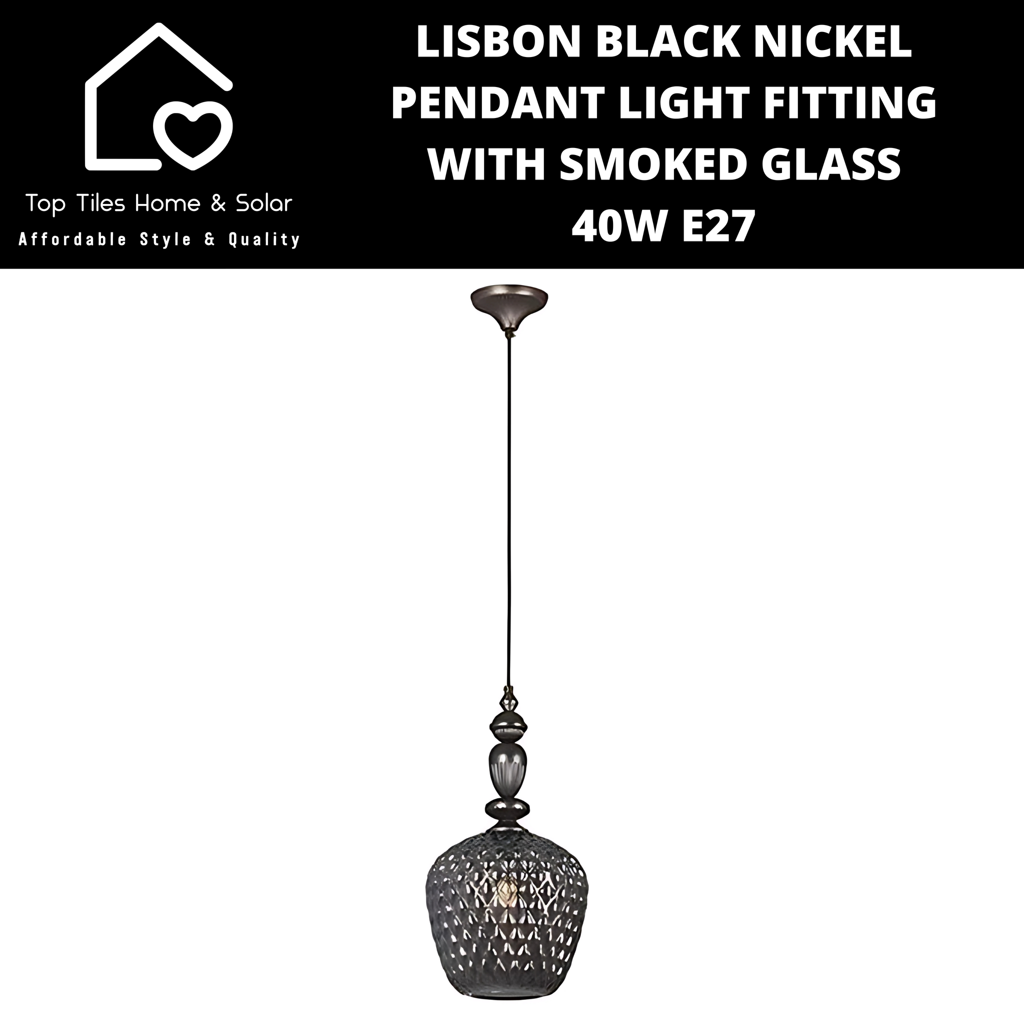 Lisbon Black Nickel Pendant Light Fitting with Smoked Glass - 40W E27