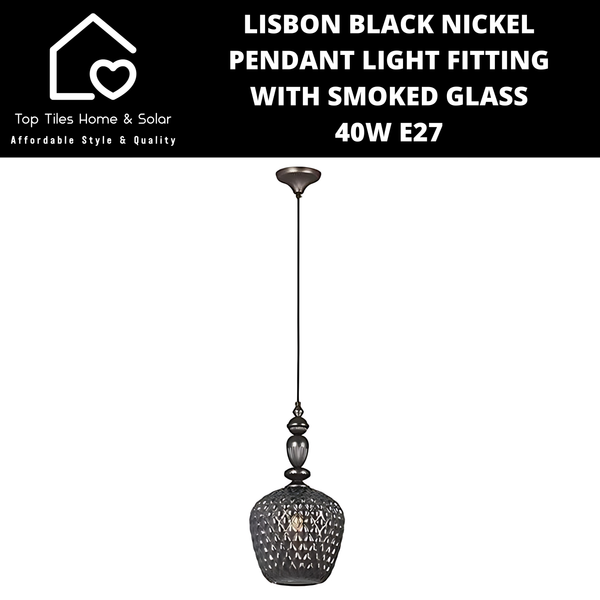 Lisbon Black Nickel Pendant Light Fitting with Smoked Glass - 40W E27