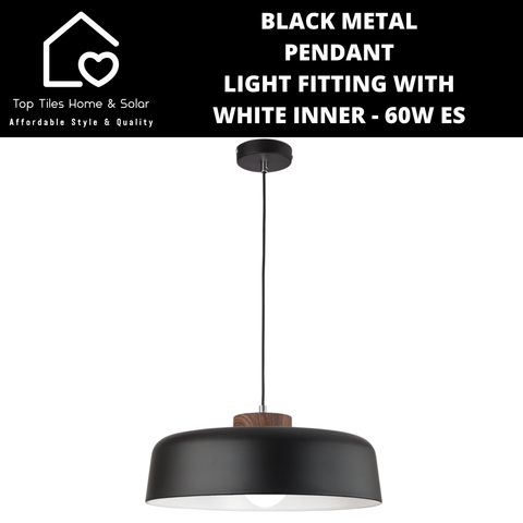 Black Metal Pendant Light Fitting with White Inner - 60W ES