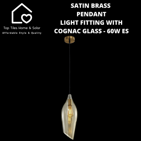 Satin Brass Pendant Light Fitting with Cognac Glass - 60W ES