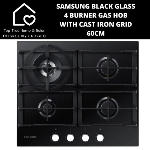 Samsung Black Glass 4 Burner Gas Hob with Cast Iron Grid - 60cm
