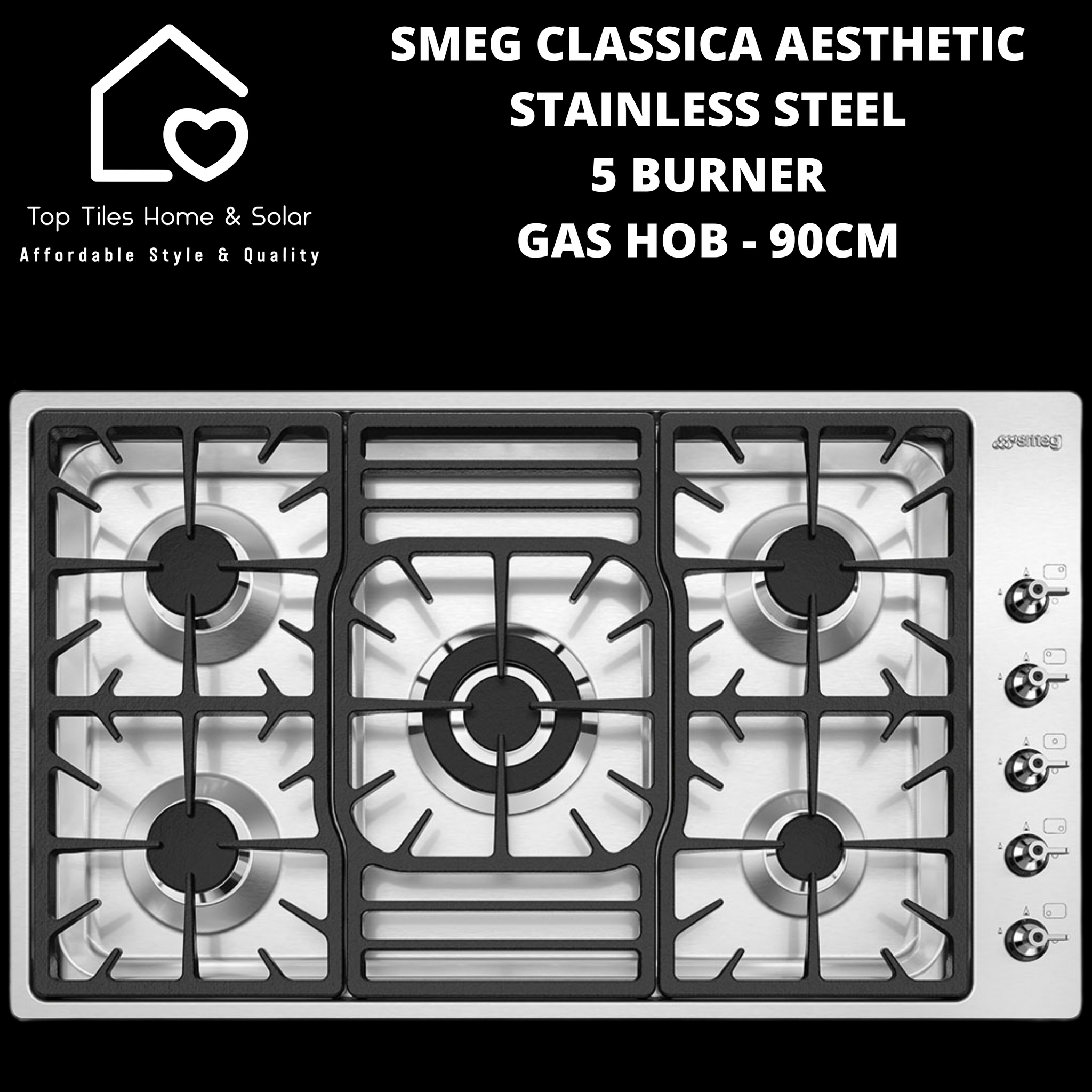 Smeg Classica Aesthetic Stainless Steel 5 Burner Gas Hob - 90cm