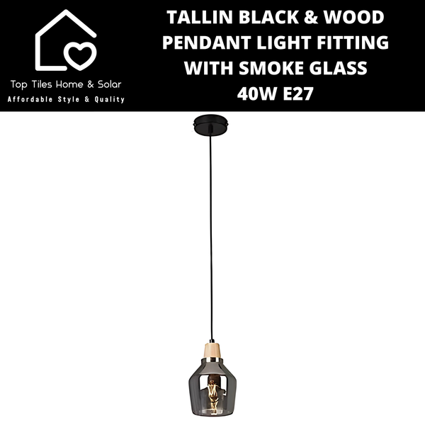 Tallin Black Wood Pendant Light Fitting with Smoke Glass - 40W E27