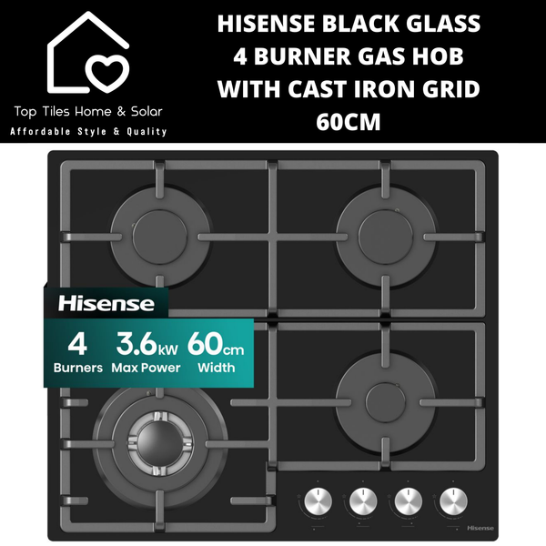 Hisense Black Glass 4 Burner Gas Hob with Cast Iron Grid - 60cm