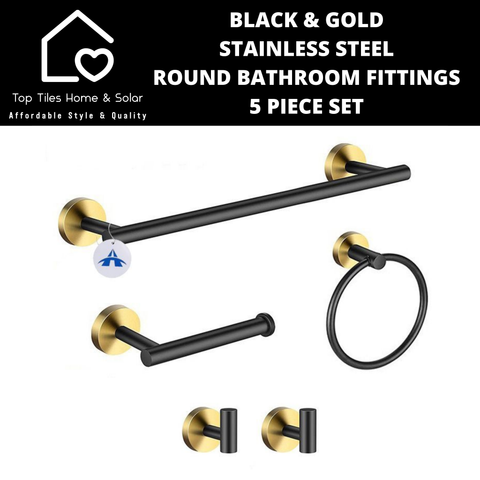 Black & Gold Stainless Steel Round Bathroom Fittings - 5 Piece Set