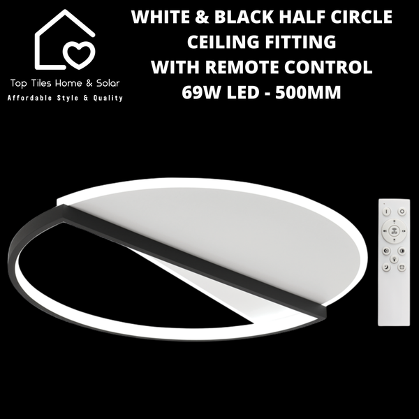 White & Black Half Circle Ceiling Fitting with Remote Control - 69W LED - 500mm