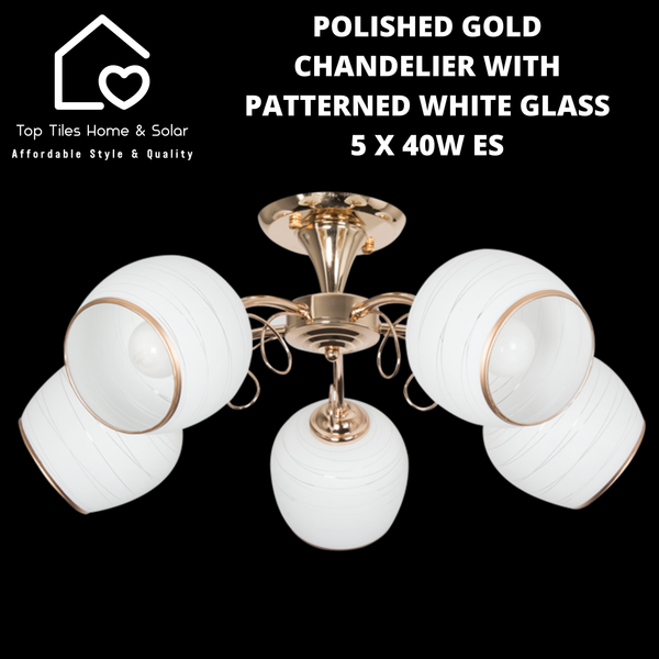 Polished Gold Chandelier with Patterned White Glass - 5 x 40W ES