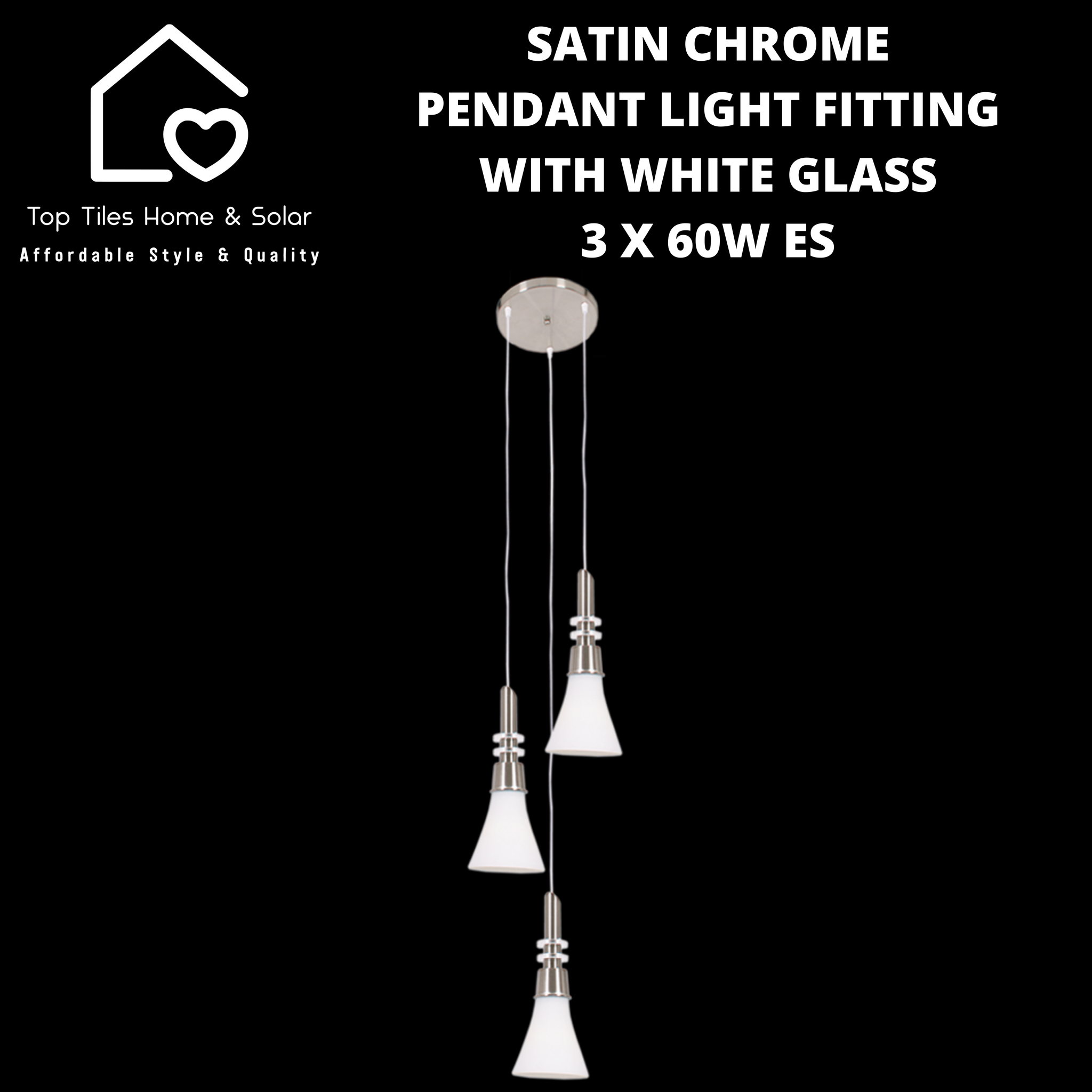 Satin Chrome Pendant Light Fitting with White Glass - 3 x 60W ES