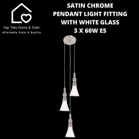 Satin Chrome Pendant Light Fitting with White Glass - 3 x 60W ES