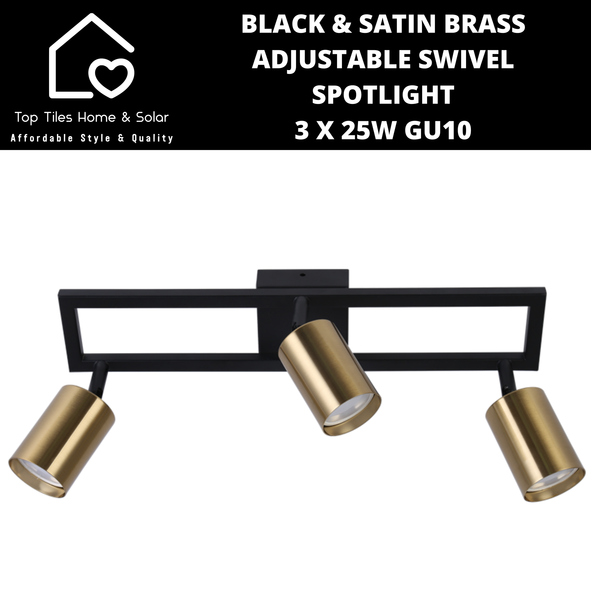Black & Satin Brass Adjustable Swivel Spotlight - 3 x 25W GU10