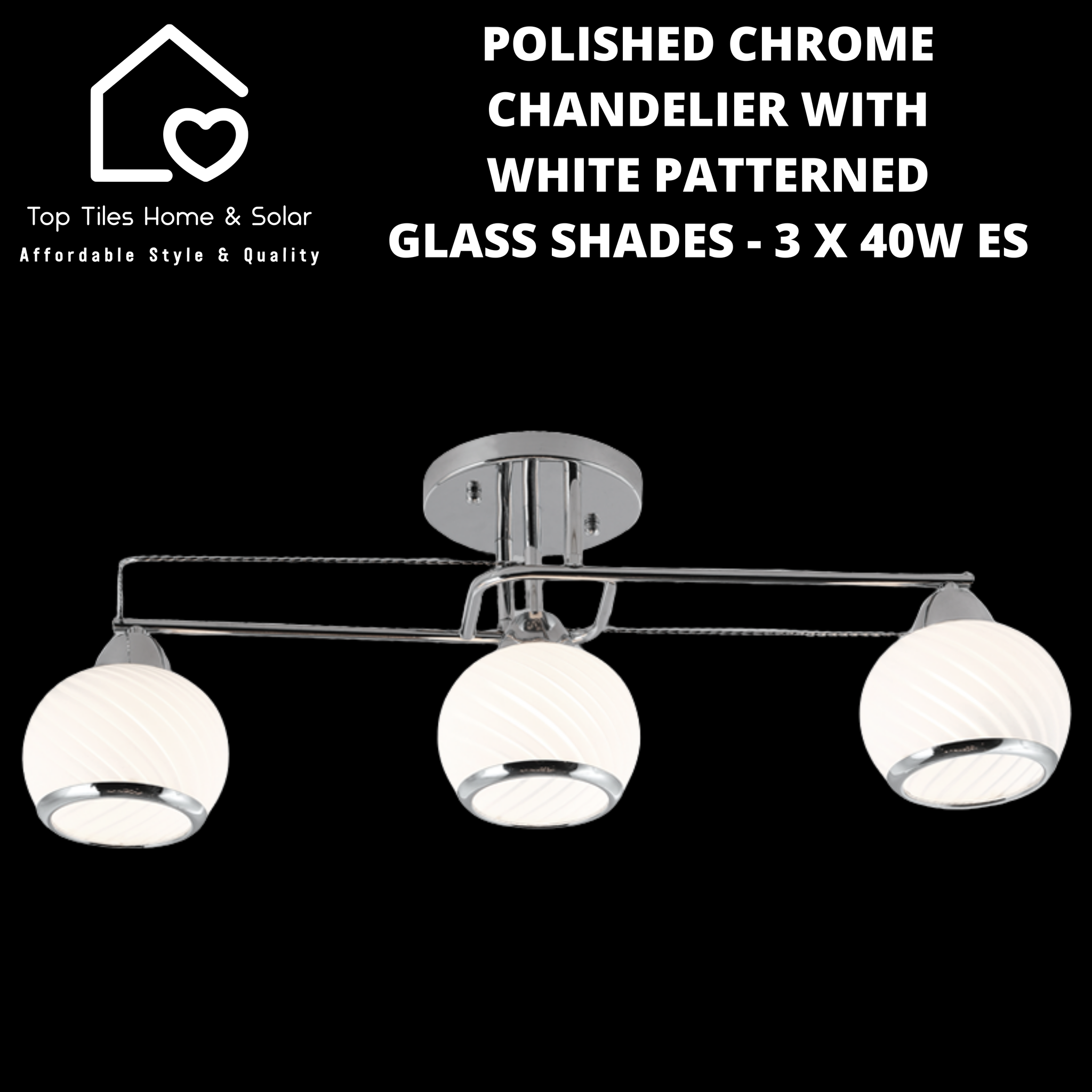 Polished Chrome Chandelier with White Patterned Glass Shades - 3 x 40W ES