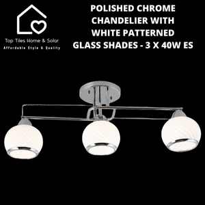 Polished Chrome Chandelier with White Patterned Glass Shades - 3 x 40W ES