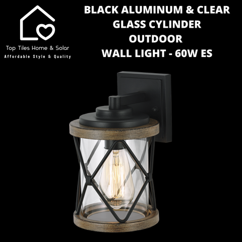 Black Aluminum & Clear Glass Cylinder Outdoor Wall Light - 60W ES