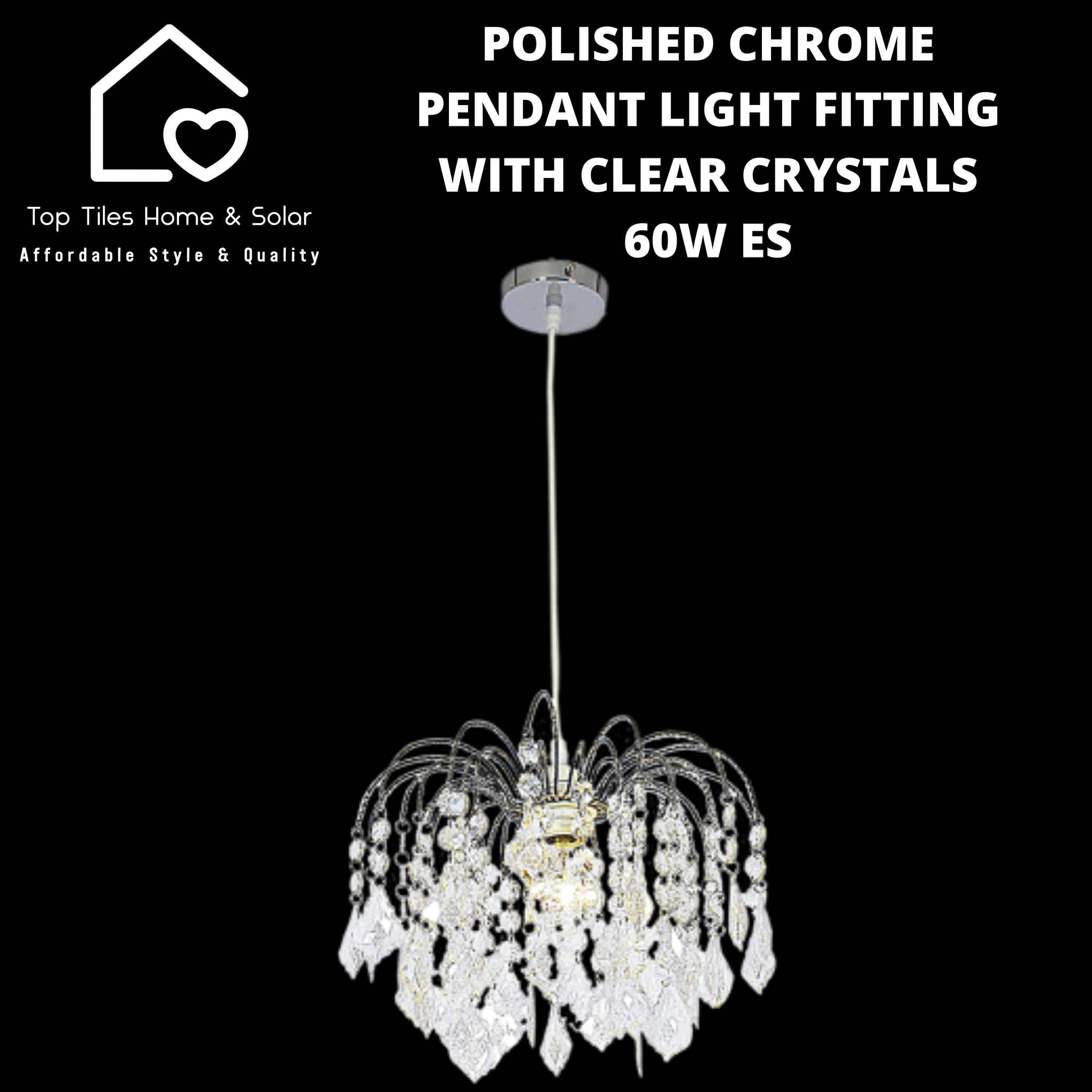 Polished Chrome Pendant Light Fitting with Clear Crystals - 60W ES