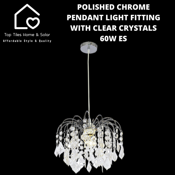Polished Chrome Pendant Light Fitting with Clear Crystals - 60W ES