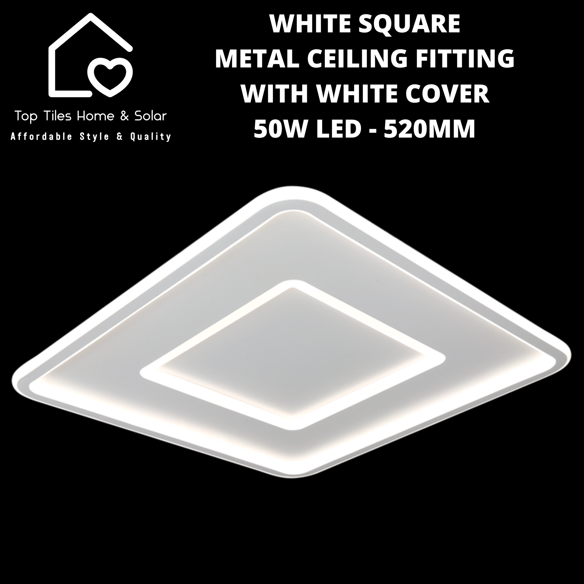 White Square Metal Ceiling Fitting with White Cover - 50W LED - 520mm