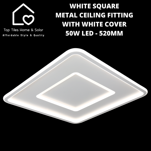 White Square Metal Ceiling Fitting with White Cover - 50W LED - 520mm