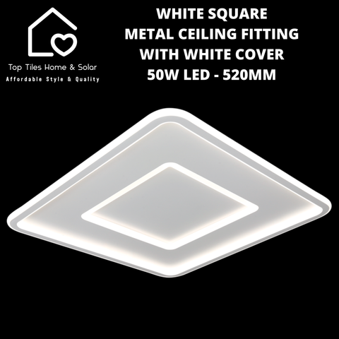 White Square Metal Ceiling Fitting with White Cover - 50W LED - 520mm