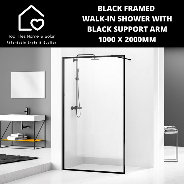 Black Framed Walk-in Shower with Black Support Arm - 1000 x 2000mm