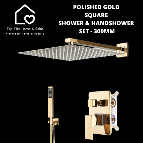 Polished Gold Square Shower & Handshower Set - 300mm