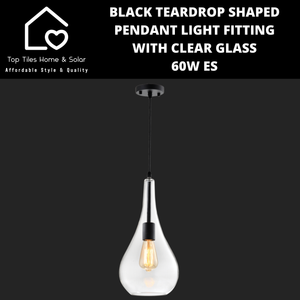 Black Teardrop Pendant Light Fitting with Clear Glass - 60W ES