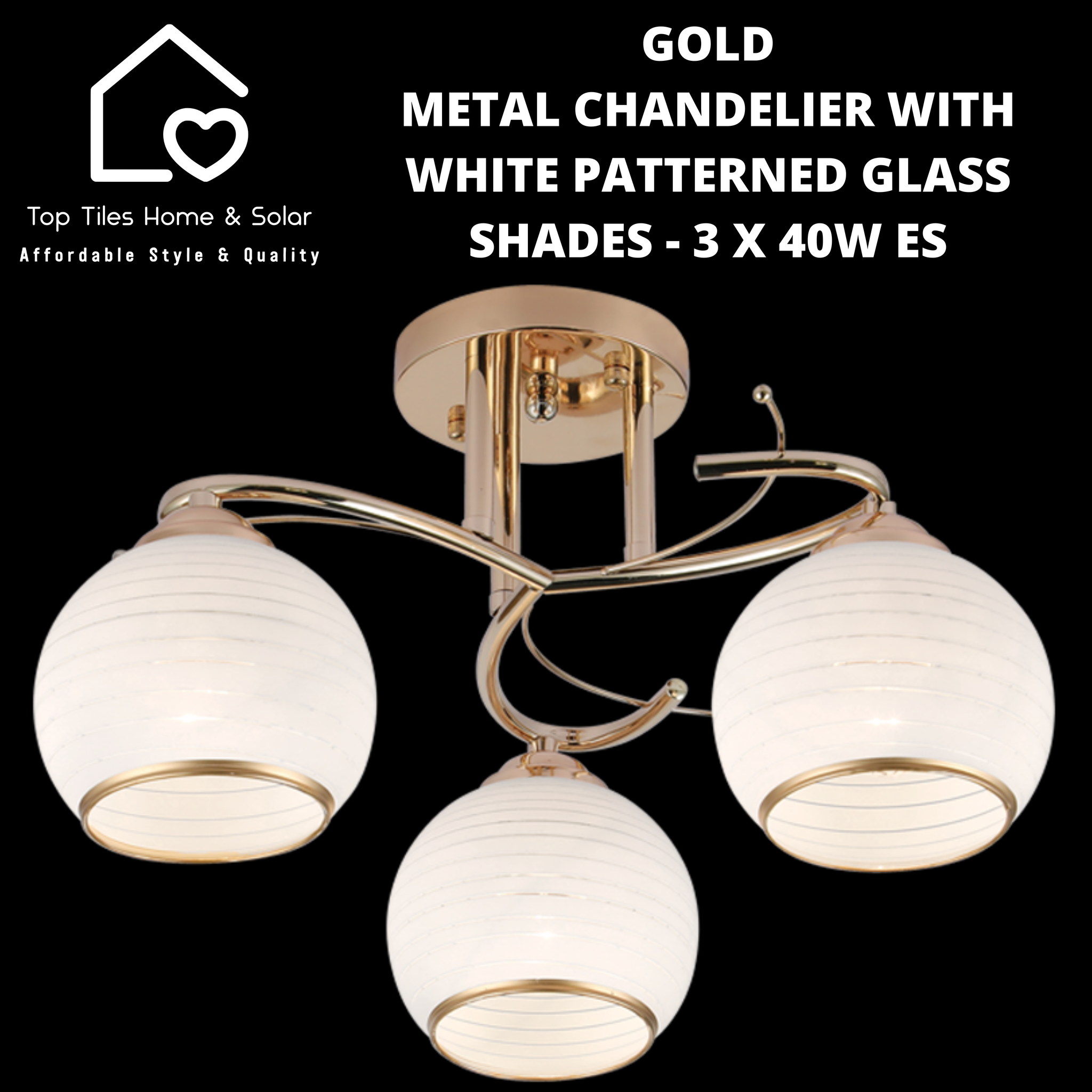 Gold Metal Chandelier with White Patterned Glass Shades - 3 x 40W ES