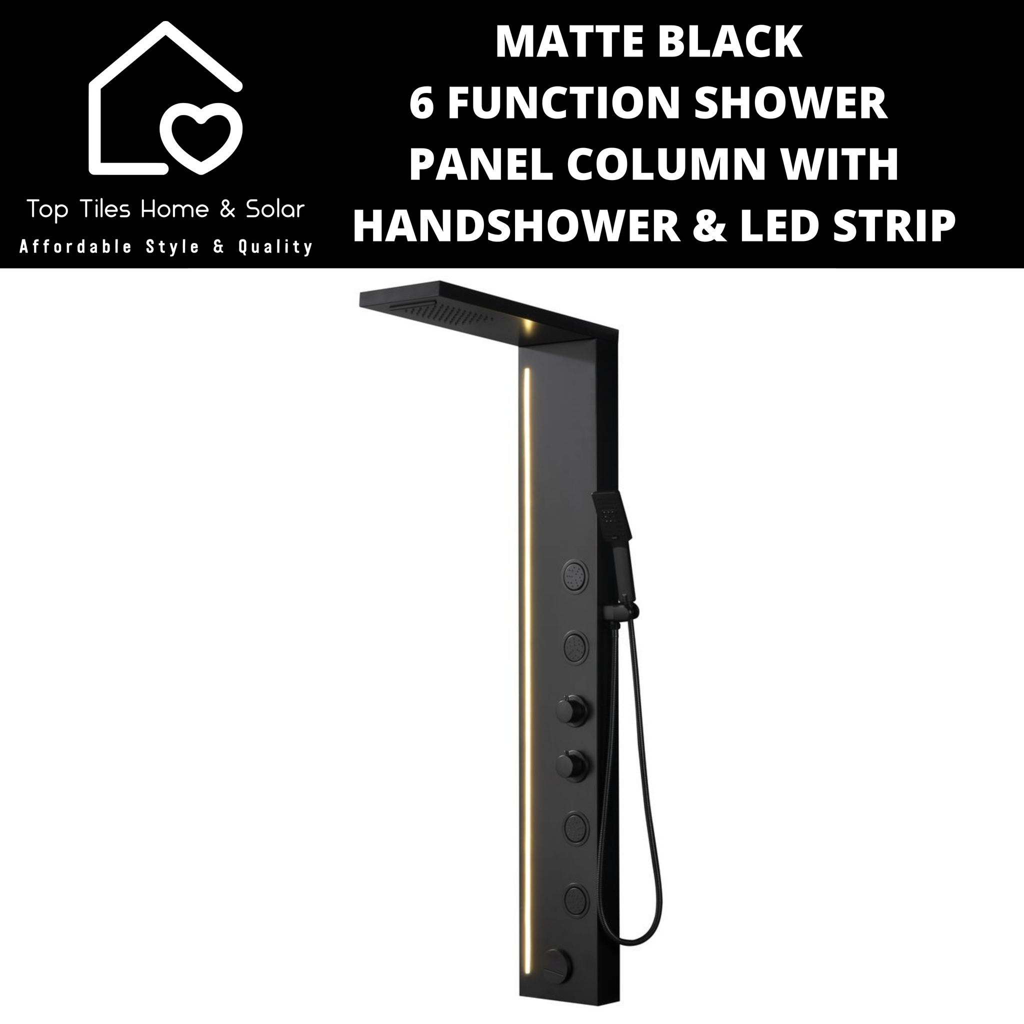 Matte Black 6 Function Shower Panel Column with Handshower & LED Strip