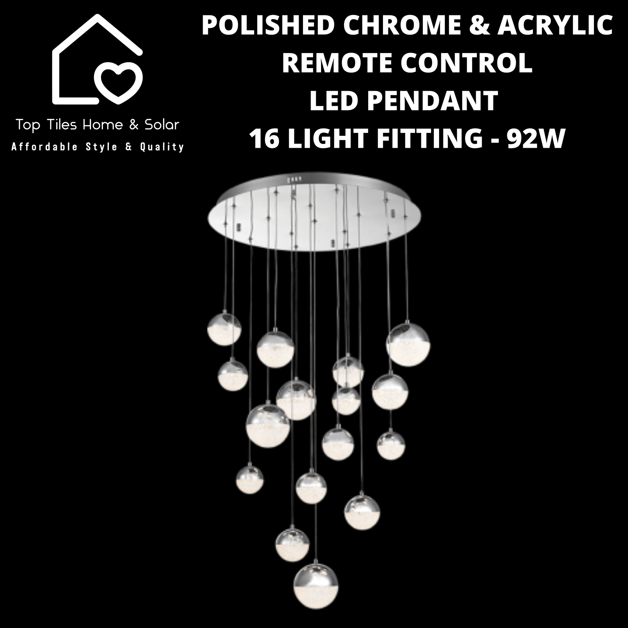 Polished Chrome & Acrylic Remote Control LED Pendant 16 Light Fitting - 92W