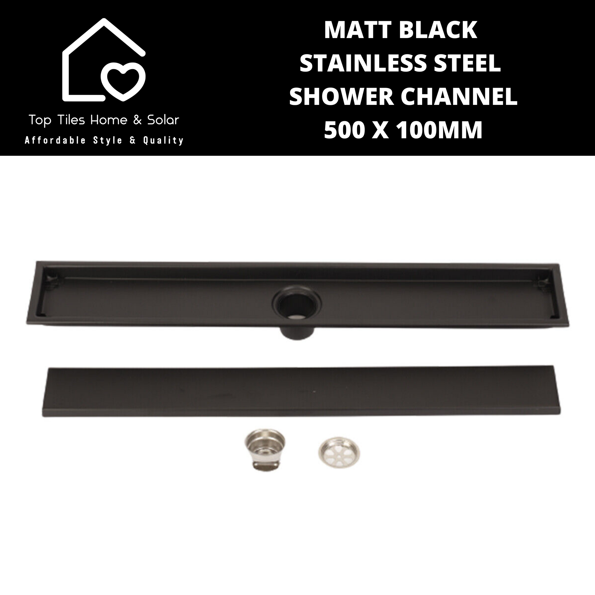 Matt Black Stainless Steel Shower Channel - 500 x 100mm