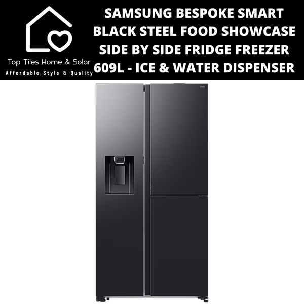 Samsung 3 Door Smart Black Steel Food Showcase Side by Side Fridge Freezer - 609L