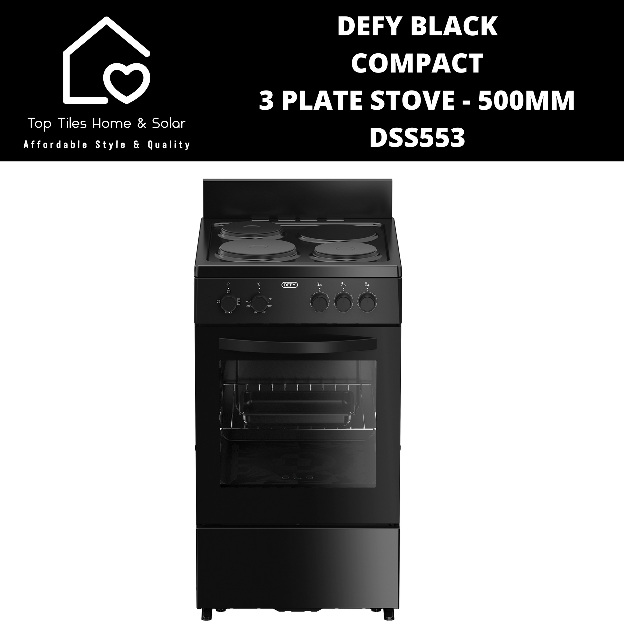 Defy Black 500 Series Compact 3 Plate Stove - 500mm DSS553