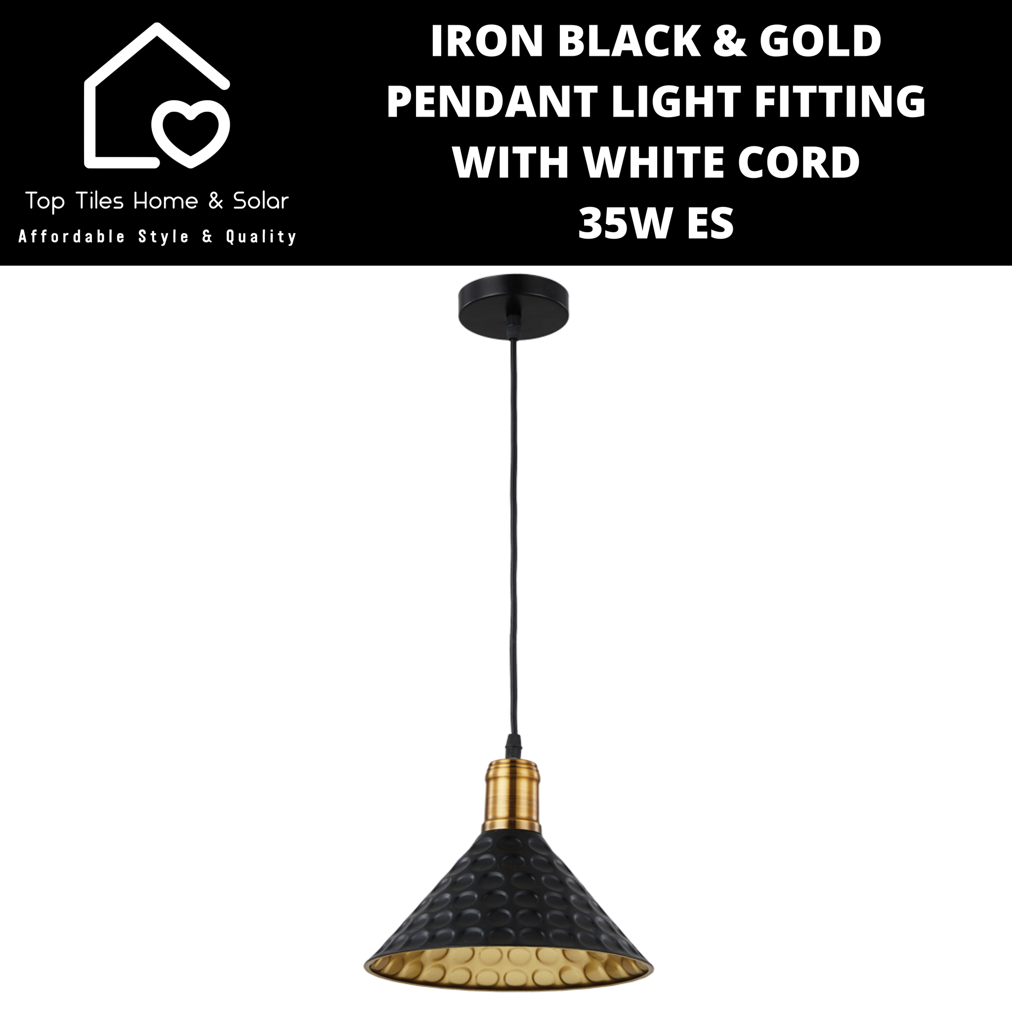 Iron Black & Gold Pendant Light Fitting with White Cord - 35W ES