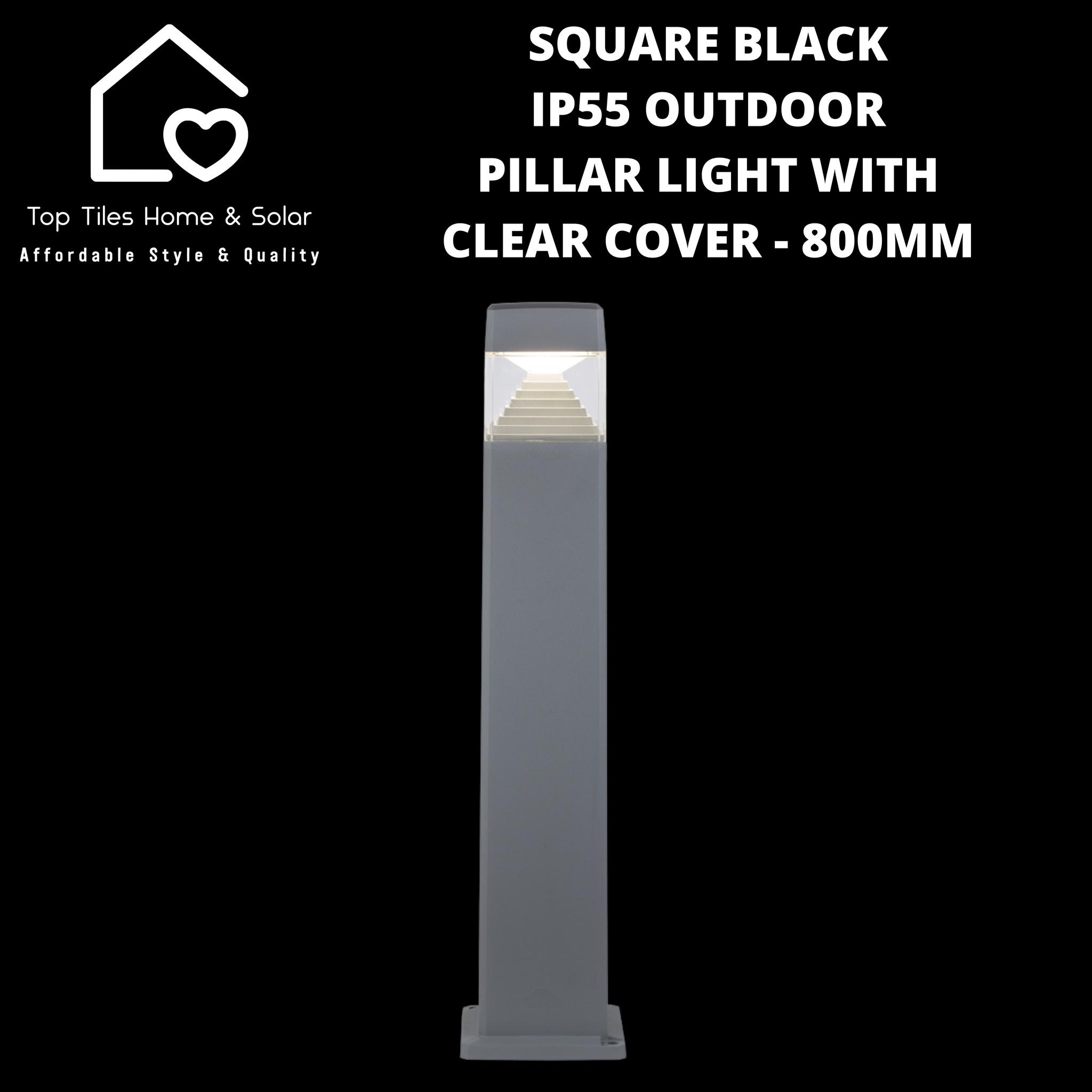 Square Grey IP55 Outdoor Pillar Light with Clear Cover - 800mm