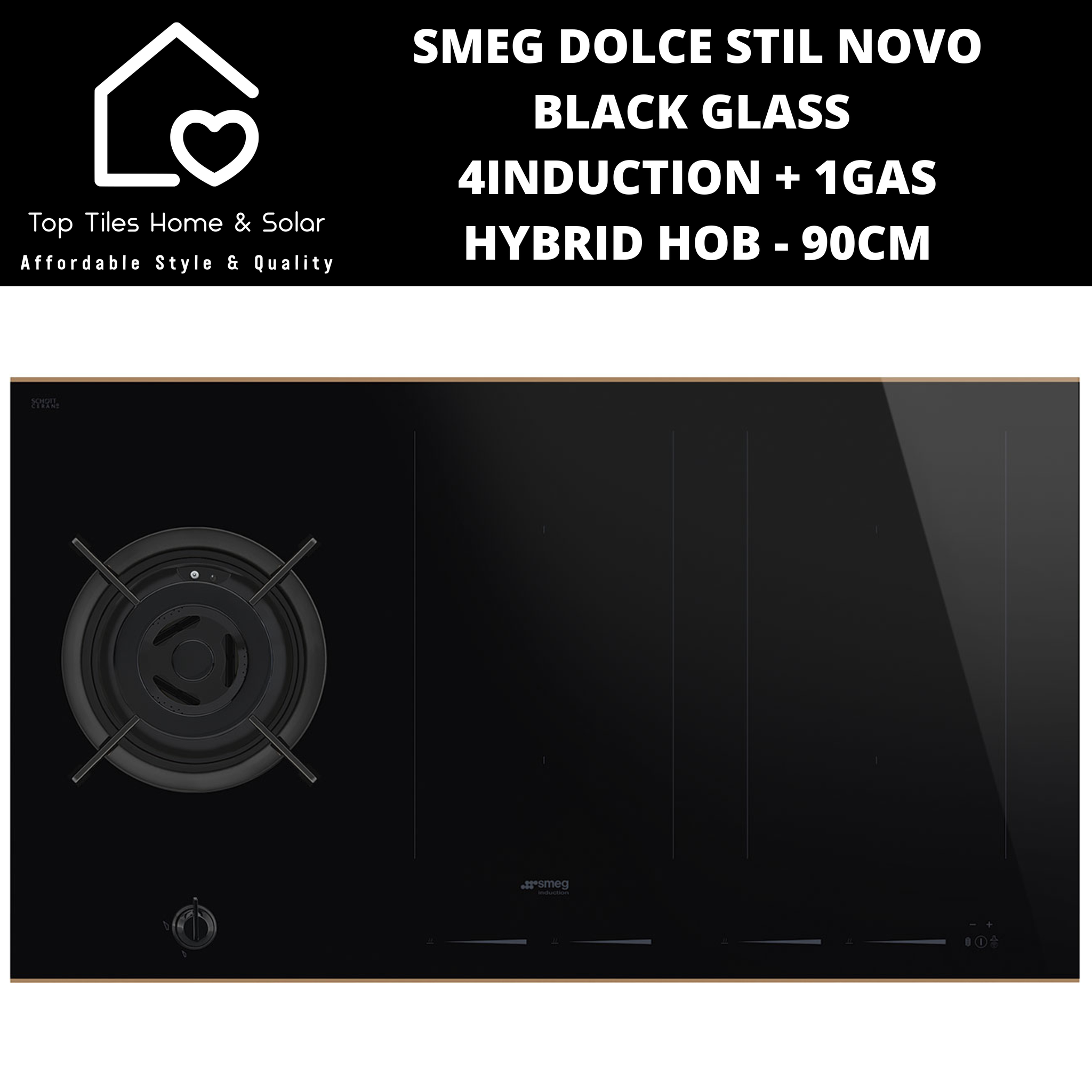 Smeg Dolce Stil Novo Black Glass 4Ceran + 1Gas Hybrid Hob - 90cm
