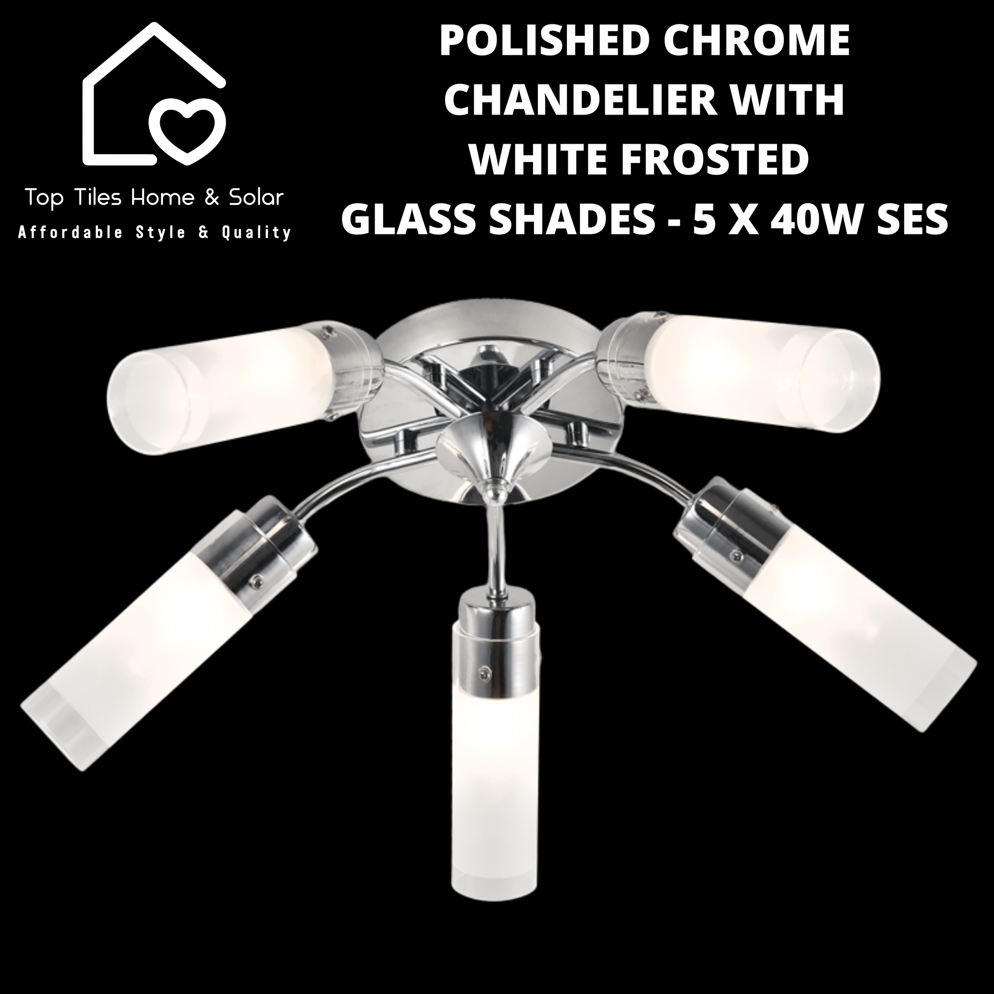 Polished Chrome Chandelier with White Frosted Glass Shades - 5 x 40W SES